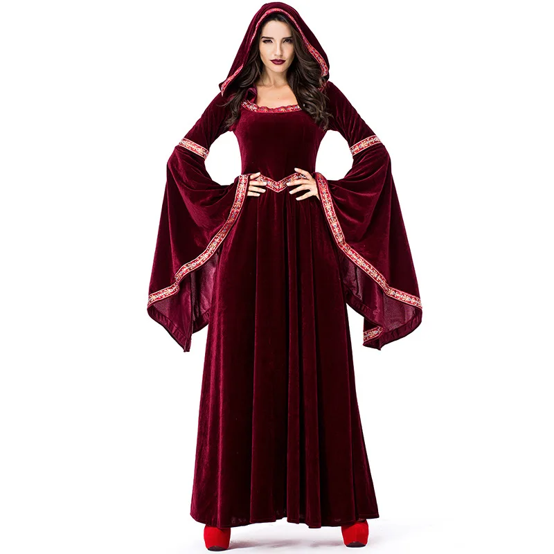 Роскошный женский готический костюм вампира средневековый Викторианский Черный Красный капюшон халат Королевский Вампир Хэллоуин фантазия нарядное платье - Цвет: Бургундия