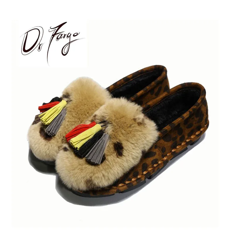 

DRFARGO Fashion Flat Shoes Cow Suede Rabbit Fur Female Warm Loafers Plush Inside Snow Shoes Woman Rabbit Fur Casual Shoes size41