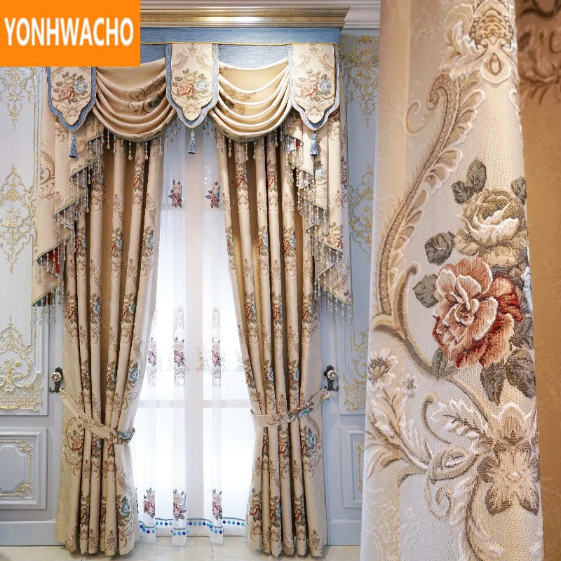 

Custom curtains Luxury European bedroom jacquard chenille embroidered gauze cloth blackout curtain tulle valance drape N994