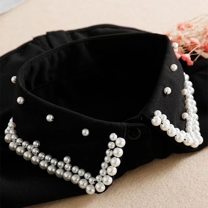 

2019 Vintage Pearl False Collar Shirt Detachable Fake Shirt Collar for Women White Peter Pan Detachable Dot Fake Collar Black