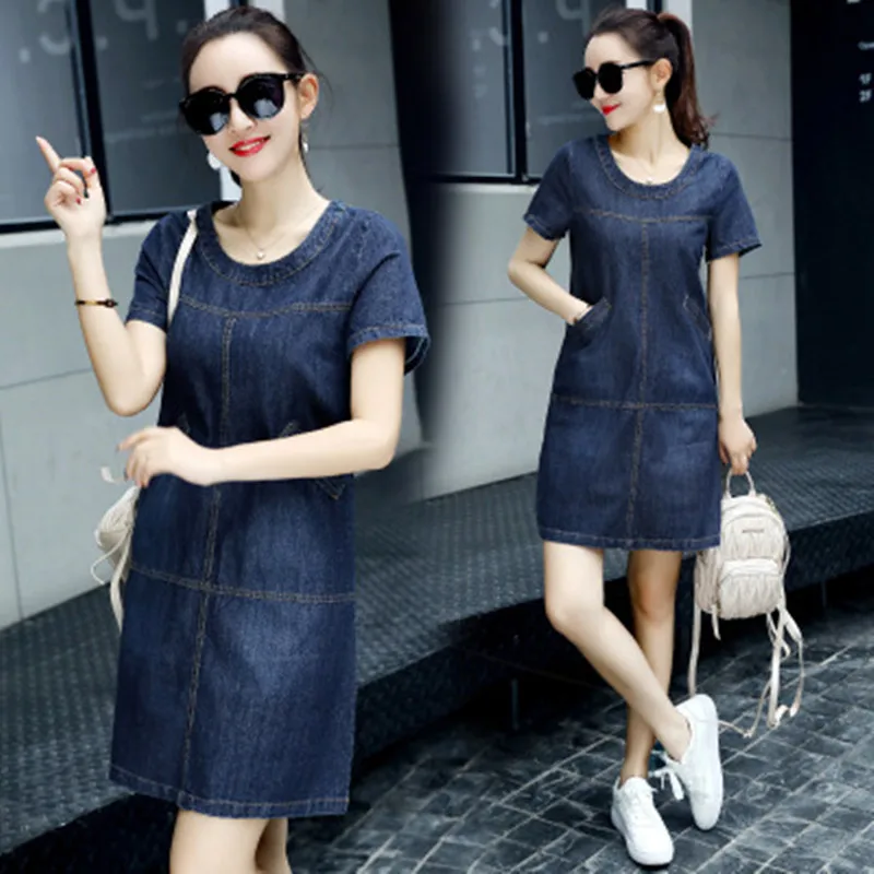 

New Summer Style Women Dresses Vestido Plus Size Fashion O-Neck Casual Loose Pockets Jeans Dress For Women Large Denim One-Piece