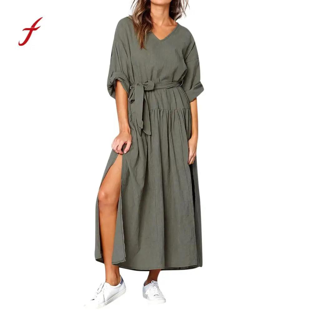 

Women Long Sleeve V Neck Split Dress Ladies Casual Loose solid Maxi Dresses Slim soft touch dresses summer new arrival 2019