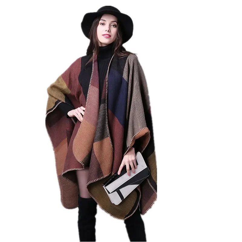 

2017 Winter Vintage Plaid Floral Gradient Shawl Women's Cashmere Knitted Poncho Blanket Cape Wrap