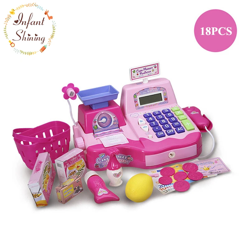 

Infant Shining Cash Register Toy 18PCS Simulation Supermarket Cash Register Toy Pink BabyLearning Toy Full Functioning