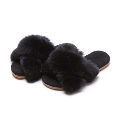 New Spring Plush Slippers Girls Slippers Real Rabbit Fur Shoes Open Toe Slippers All-match Childrens Shoes Summer Home Slippers - Цвет: Dark fur neri