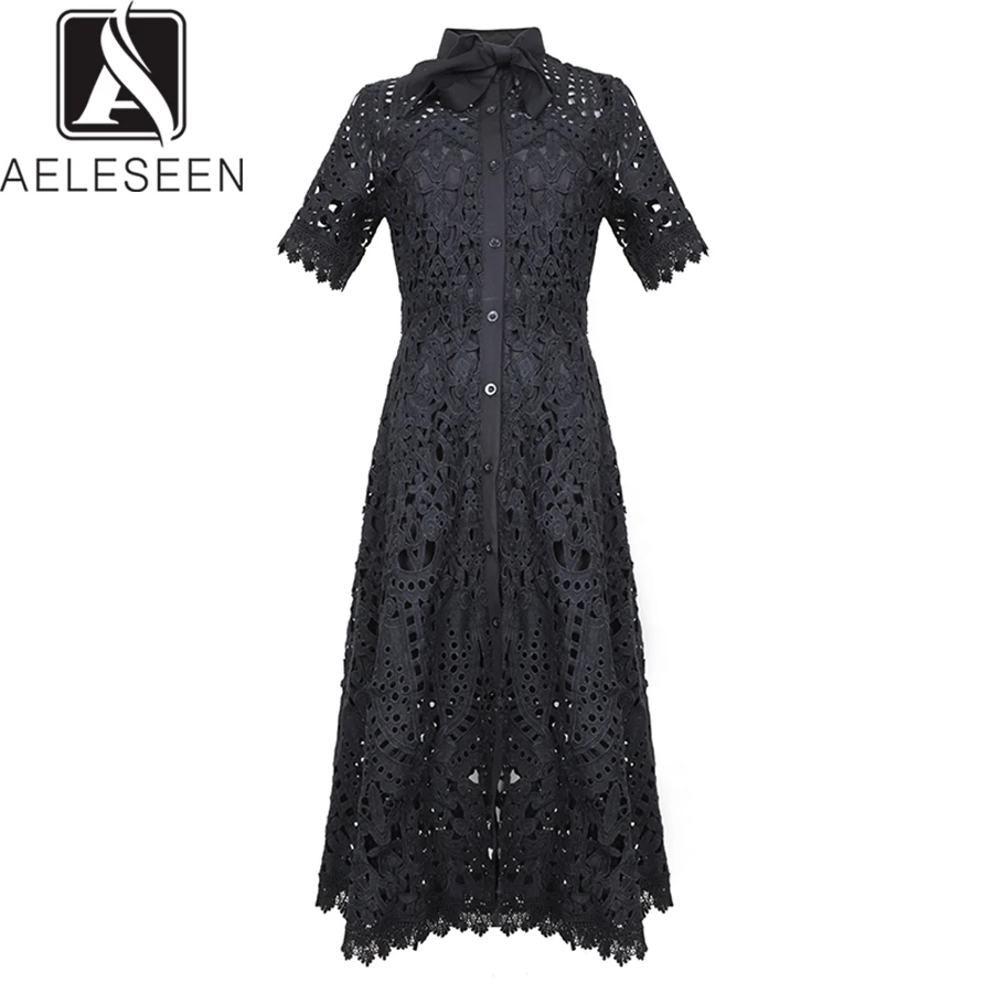 

AELESEEN High Street Style Design Women Dresses Summer 2019 Good Quality Lace Boe Tie Collar Hollow Out Sexy Party Midi Dress