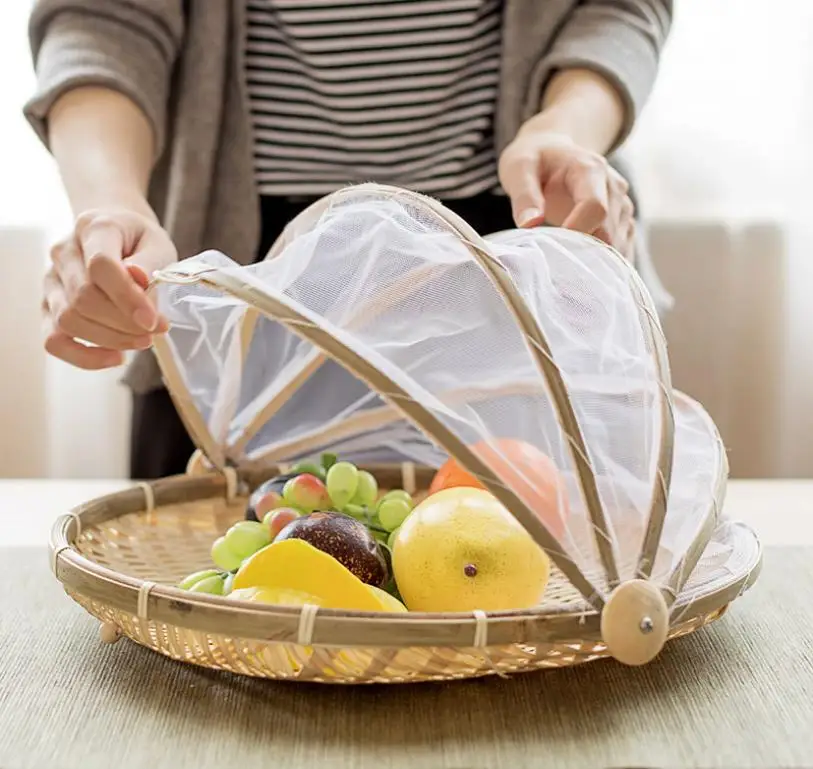 Handmade Bamboo Woven Bug Proof Wicker Basket Dustproof Picnic Fruit Tray Food Bread Dishes Cover With Gauze Panier Osier | Дом и сад