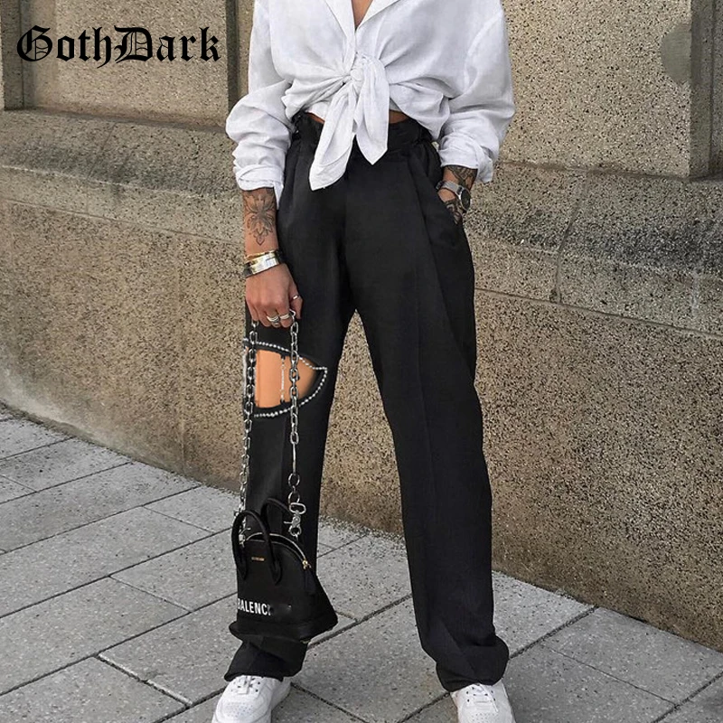

Goth Dark Black Hollow Out Gothic Pants For Women Autumn 2019 Loose Punk Grunge Women's Trousers Harajuku Beading Streetwear