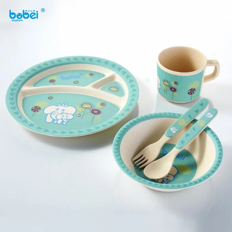 Buy cute bamboo fiber baby boy girl dinnerware set for training baby dinner