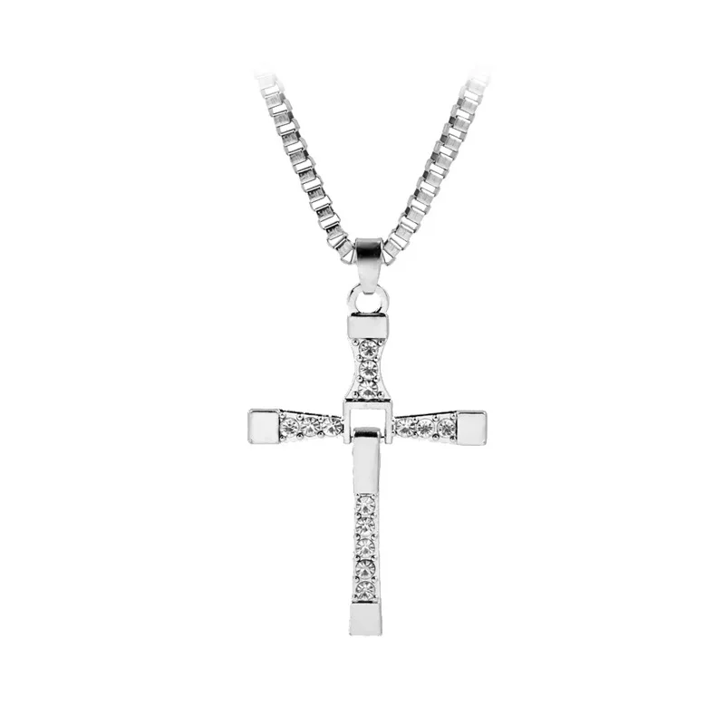 

Men Jewelry Fast And Furious Cross Necklaces Dominic Toretto Vin New Movie Jewelry Classic Rhinestone Sliver Pendant Neckalce