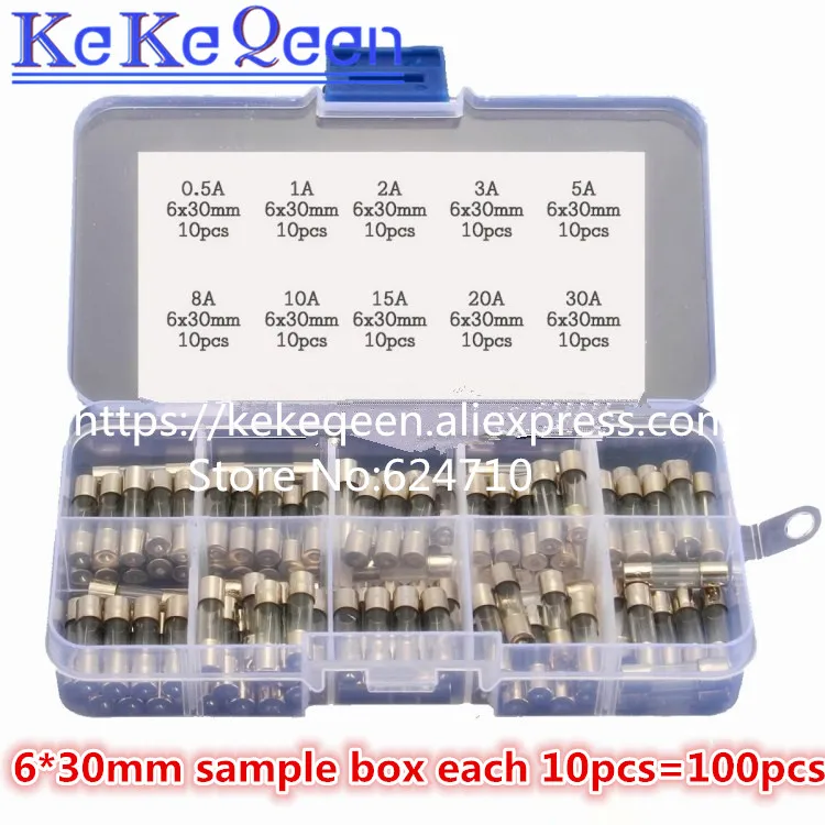 

10 kinds 100pcs 6*30mm Electrical Assorted Fuse Amp Fast blow Glass Fuse Mix Set With Box 0.5A 1A 2A 3A 5A 8A 10A 15A 20A 30A