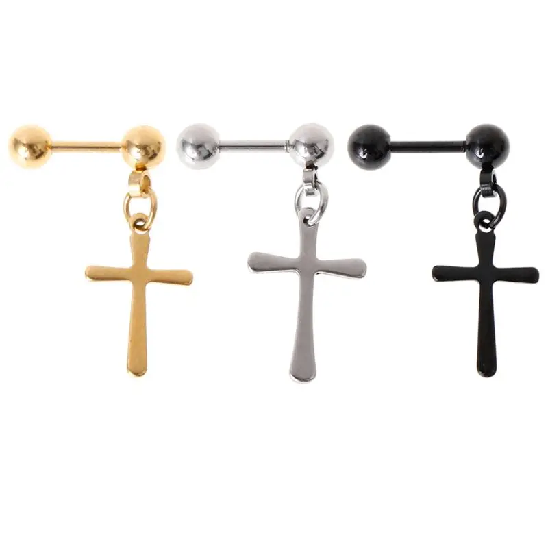 

1pc Punk Earrings Cross Pendant Barbell Charms Dangle Women Men Male Jewelry Ear Stud Gifts Anti Allergy Titanium Steel Personal