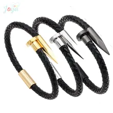 

Joya Love Screws Nail Cuff Bangles Black Leather Bracelets For Men Gold/Sliver Pulsera Jewelry Stainless Steel Leather Bracelet
