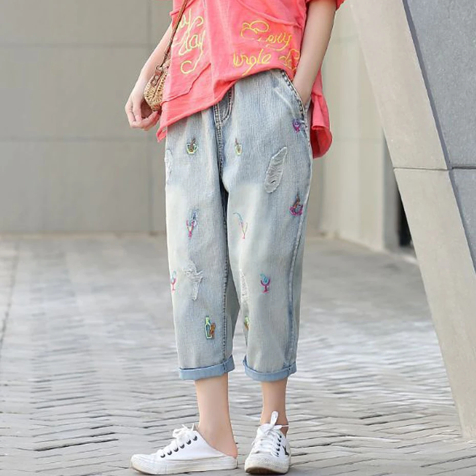 Women Denim Harem Pants Bottom Jeans Trousers Loose Big Embroidery Off White Fashion Casual Preppy Style for Spring Summer