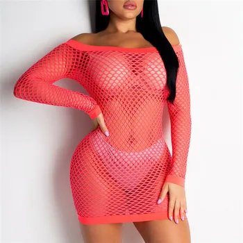 

Bikini Cover Hollow Sheer Mini Dress Women Long Sleeve Off Shoulder Summer Beachwear Pool Party Sexy Dress
