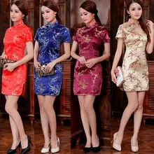 Китайские шелковые пикантные кружевное с вышивкой атлас cheongsam новые модные Ципао китайское платье с короткими рукавами, с принтом шелковое платье с цветочным рисунком