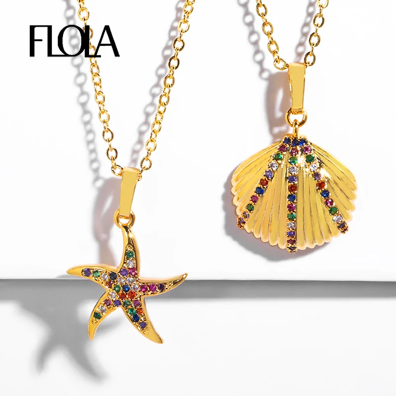 

FLOLA Rainbow Sea Shell Necklace Gold Bohemian CZ Pave Starfish Necklace Link Chain Summer Jewelry Cheap Pendant Necklace nkep33