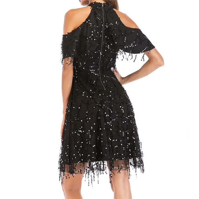 Sexy Fashion Slim Nightclub Party Sequined Mini Dress Women Dress Solid Off Shoulder  Attractive Dress 40MA15 (15)