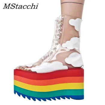 

MStacchi Rainbow Platform Shoes Woman PVC Transparent Lace-Up Thick High Heels Ankle Boots Ladies Height Increasing Party Shoes