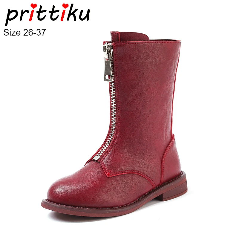

Fall Winter 2018 Girls Genuine Leather Fashion Mid Calf Martin Boots Toddler/Little/Big Kid Front Zip Children Warm Brand Shoes