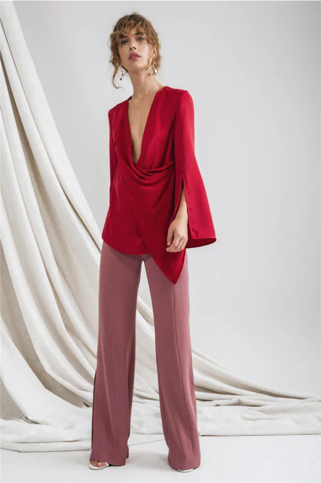 

Deep V-neck Shirt Ruched Twist Knot Casual Split Long Sleeve Blouse Asymetrical Women Top Elegant Fashion High Quality Spring