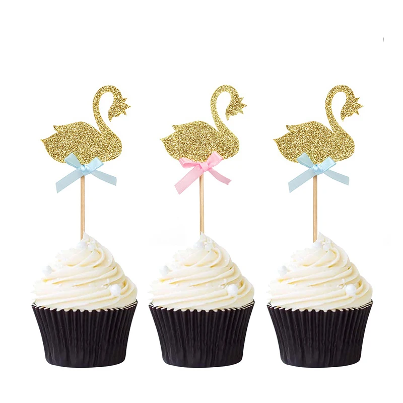 

12pcs Cute Gold Glitter Swans Paper Cupcake Toppers Baby Boy Girl Birthday Party Decors Gender Reveal Party Cake Topper