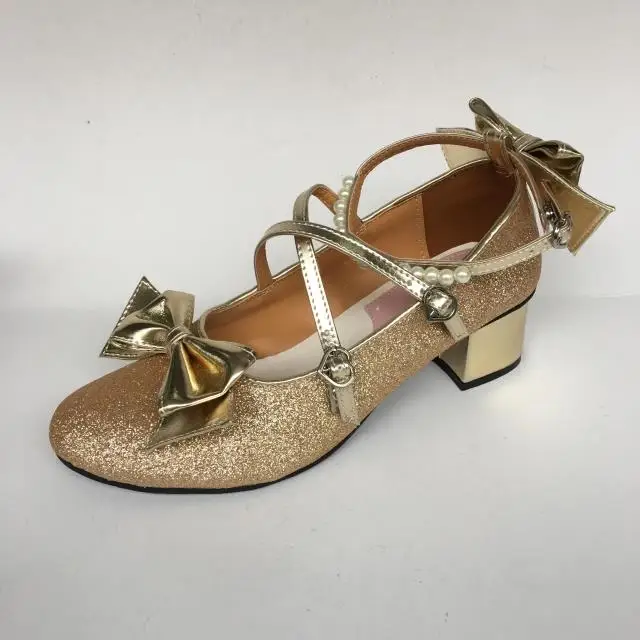 Womens-Shiny-Black-Silver-Sequin-Pumps-Bow-Strap-Cross-Pearl-Ankle-Strap-Princess-Lolita-Shoes-Custom-Tailor-Available- 34