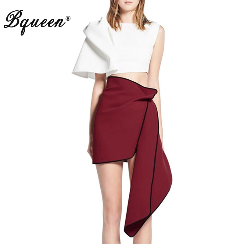 

Bqueen 2019 Women Fashion Sexy O Neck One Shoulder Short Top & Asymmetric Ruched Mini Skirt Bodycon Suits Set 2 Pieces Sets