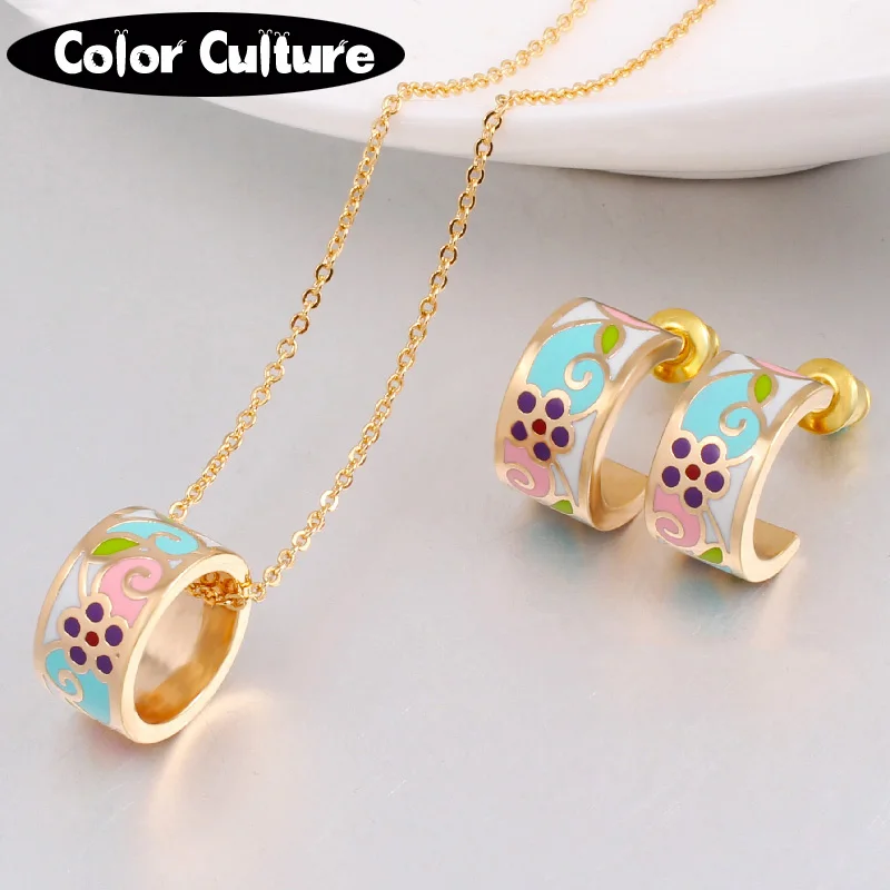 Gold color Necklace Women Flower Sets Filled Design Enamel Jewelry Sets
