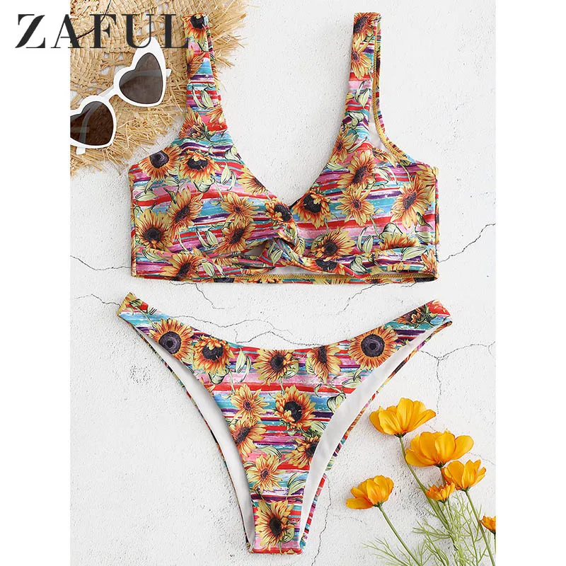 

ZAFUL Underwire Sunflower Print Bikini Set Sexy Bikinis Solid Push Up Bikini Swimsuit Swimwear Women Bikinis 2019 Mujer