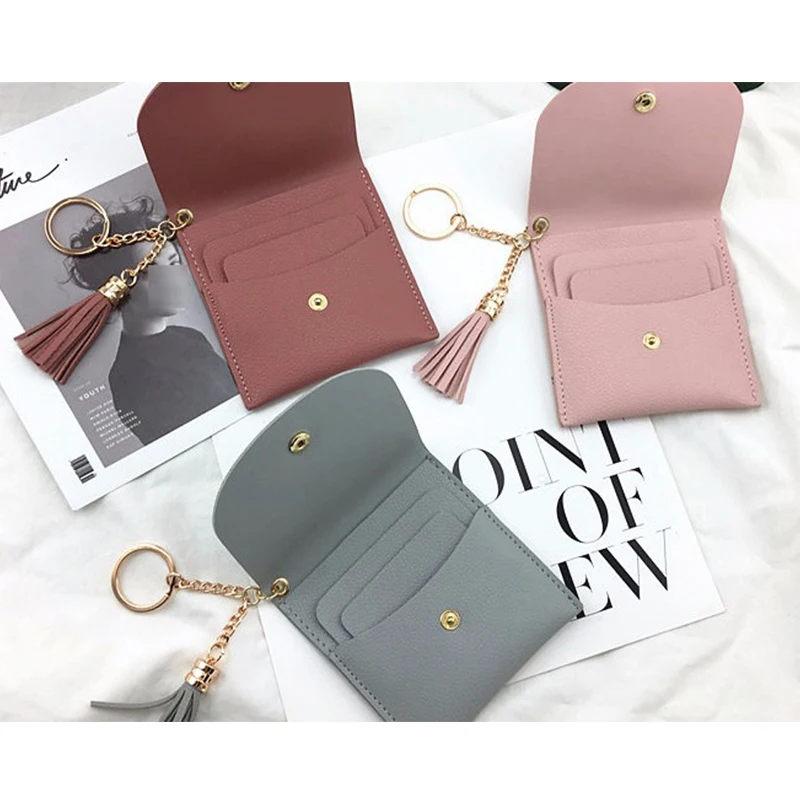Mini Small pocket purse Women's short money thin fashion Tassels Ring key ring Soft leather Simplicity Coin bag Card bag Solid