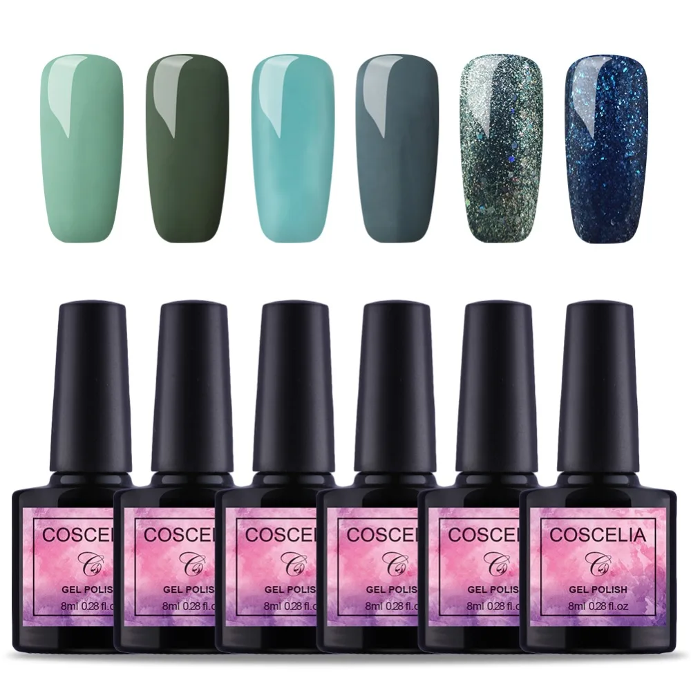 

COSCELIA 6 Pcs Nail Polish Varnish Gel polish UV Color Semi Permanent Gel Manicure Primer Top Coat Glitter Nail Art