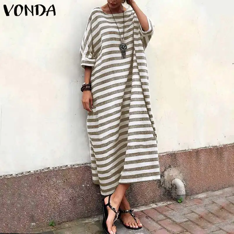 VONDA, женское Полосатое платье средней длины, повседневное, свободное, с круглым вырезом, рукав 3/4, платье-рубашка,, Vinatge Vestido Robe Femme размера плюс