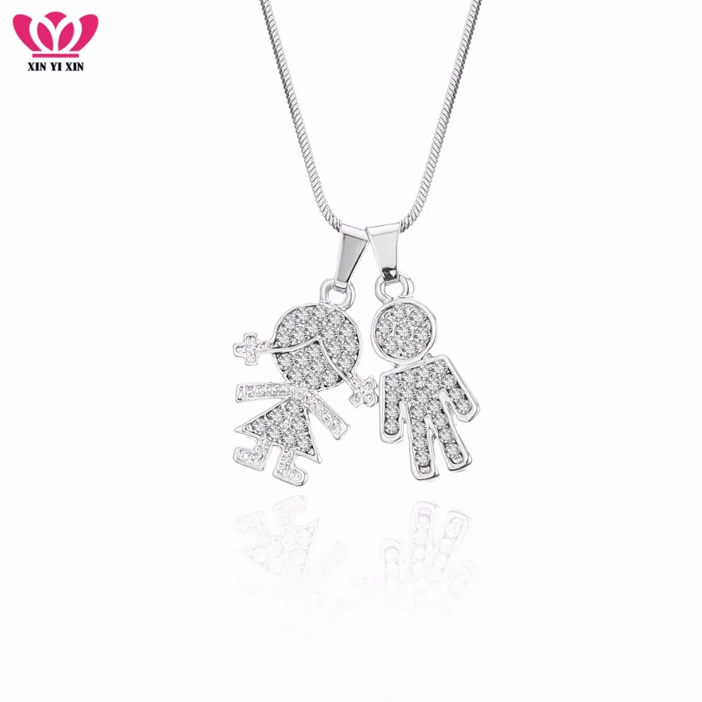 Silver Crystal Figure Boy and Girl Pendant Necklace Short Chain Choker