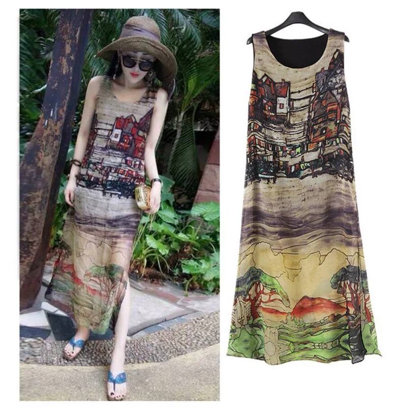 

Women Sleeveless Silk Chiffon Long Maxi Dress Summer Beach Sundress S-XXXL