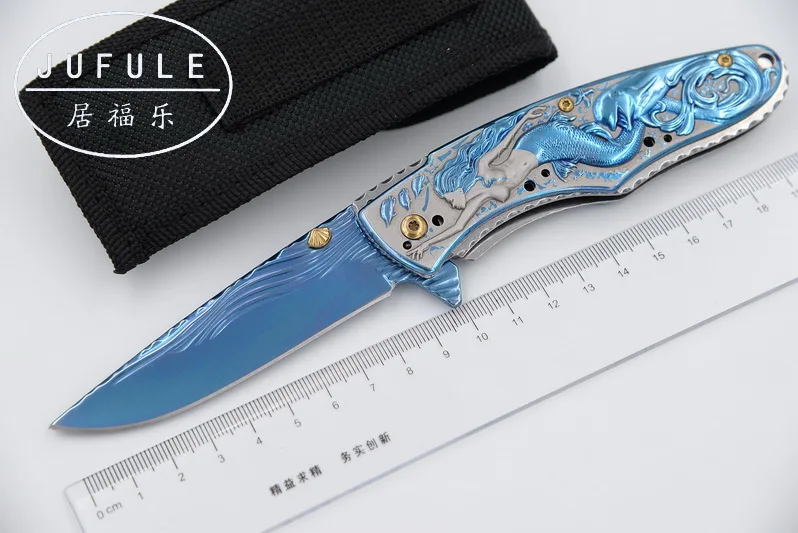 

JUFULE original design Mermaid folding flipper knife 9Cr18MoV blade 440C handle kitchen camping hunting utility knives EDC tool