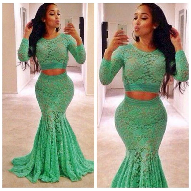 Black S Lace 2 Piece Long Sleeve Prom Dresses Nigerian Fashion O Black S Lace 2 Piece Long Sleeve Prom Dresses Nigerian Fashion O Neck Formal Party Evening