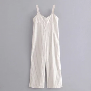 

Klacwaya Women Backless Long Striped Jumpsuit Striped Bandage Sleeveless Sexy Button Romper High Waist High Waist Wide Leg Pant