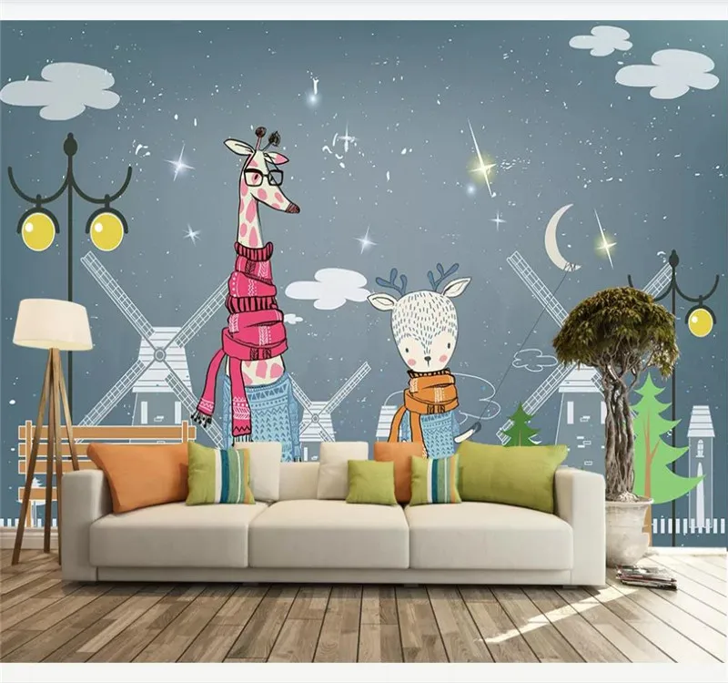 Custom wallpaper refreshing blue simple giraffe elk modern minimalist Nordic background wall - silk waterproof material Custom wallpaper refreshing blue simple giraffe elk modern minimalist Nordic background wall - silk waterproof material