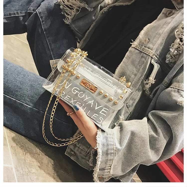 شفافة واضحة المسامير خطابات سلسلة مركب حقيبة الأنثوية أكياس ل 2019 رفرف النساء Crossbody حقيبة الإناث حقيبة كتف #1349