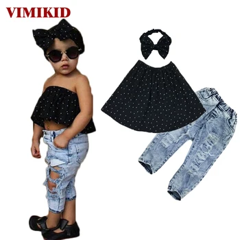 Summer Kids Fashion Girls Clothing Sets 3 pcs Black Blouse Top hole Casual Jeans Hair band