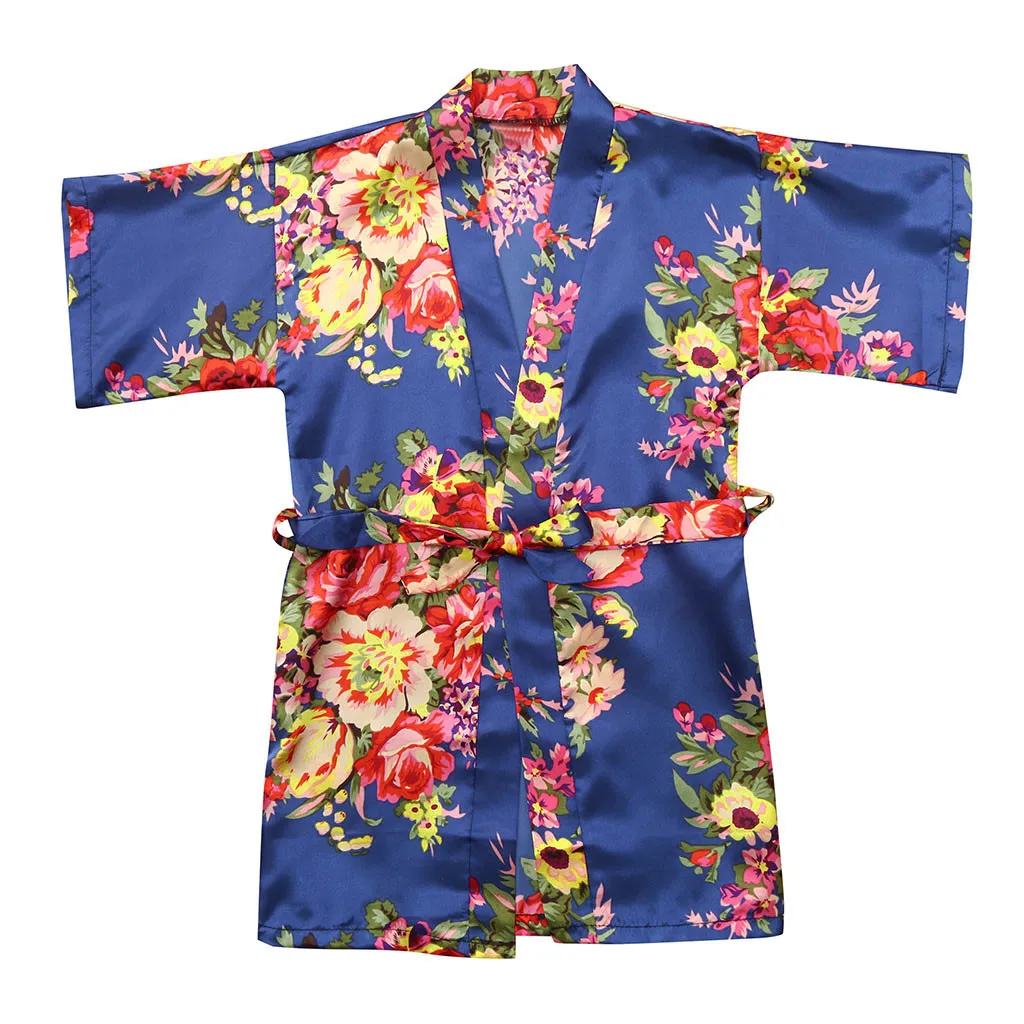 Детский банный халат, одежда для малышей Детская одежда для девочек с цветочным рисунком Шелковый атласное кимоно; наряд, одежда для сна, короткий рукав одежда для детей обоих полов, roupao infantil - Цвет: Navy