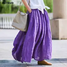 

BUYKUD Elastic High Waist Long Women Skirt 2018 Spring Summer Casual Beach Boho Linen Ladies Solid Pleated Maxi Skirts Saia