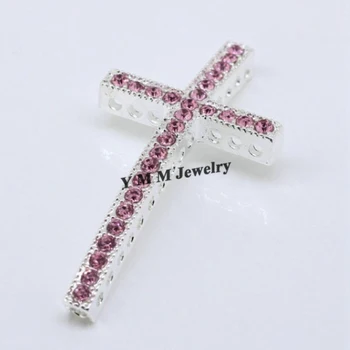 

Free Shipping 20pcs 25x48mm Silver Plating Curved Cross Pink Crystal Rhinestone Bracelet Connector Bar