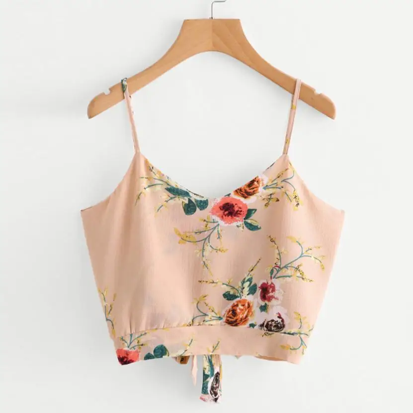 

Boho Short Tanks Tops Women's Self Tie Back V Neck Floral Print Crop Cami Tops For Women Sleeveless Camisole Crop Top Female
