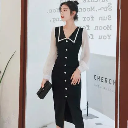 

2019 Women Autumn Vintage Dress V-neck Elegant Evening Party Mid-Calf Lantern Sleeve Dresses Long Sleeve Black Vestidos
