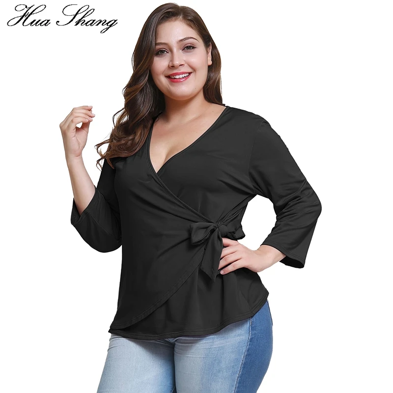 

Plus Size Blouse Women Summer V Neck Three Quarter Sleeve Elegant Bow Tie Wrap Top Solid Female Large Size Tunic Blouse Tops