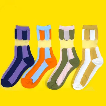 

SP&CITY 2Pairs Summer Striped Patterned Hollow Out Socks Women Harajuku Thin Colored Cute Socks Japanese Fashion Girl Art Socks