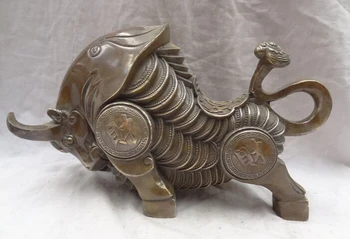 

SCY voge gem S5082 13" Folk Chinese Bronze Copper RuYi Animals Wealth Coin Bull Ox Statue Sculpture D0318