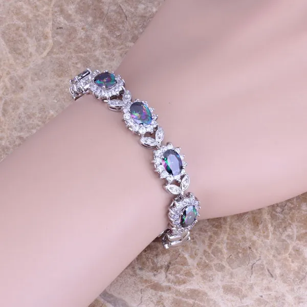 

Rainbow Mystic & White CZ 925 Sterling Silver Link Chain Bracelet 7 inch S0397